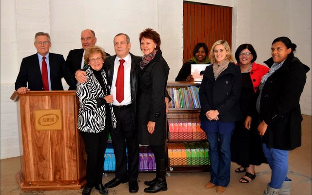 From ltr are AVBOB Group Communication Manager, Marius du Plessis; AVBOB Western Cape Provincial Manager, Johan Tinderholem;  Overstrand Executive Mayor, Nicolette Botha-Guthrie; AVBOB Group CEO Frik Rademan and his wife, Serah Rademan; seen at a recent handover ceremony to The Fynbos Academy. Happily looking on are the centreâ€™s teaching staff, including Head Teacher Annelize Zeelie (second from right).