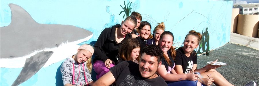 â€˜n Deel van die groep jongelinge wat twee lang mure by De Seemans Taphuis verlede Saterdag met verf betakel het â€“ maar wel op â€˜n kunstige wyse met â€˜n skilderagtige resultaat. Voor lÃª die groep se â€œhoofmanâ€, TJ Nortje.