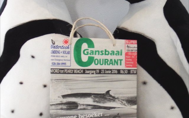  â€˜n Gansbaai Courant inkopiesakkie pronk trots tussen mnr. en mev. Afrika Pikkewyn