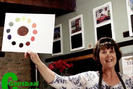 Vivienne Mconie van Stanford  vertoon hier een van die netjiese (nog onvoltooide) kleurwiele van een van Gansbaai se fotografieklublede tydens haar baie leersame aanbieding oor kleur.  