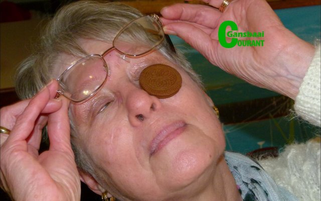 Een van die Goue Handelede spook hier om 'n sjokoladekoekie van haar oog af, in haar mond te kry.