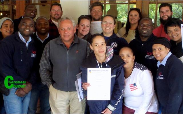 The staff members of the Great White House, Marine Dynamics and Dyer Island Cruises awarded with Tour Guiding certificates.  Front from ltr Clifford Msamuka, Jaques (Facilitator), Anwynn Louw, Celeste Malgas and Belnay van Tonder. Middle Nuraan Marthinus, George Mthini, Cari du Preez, Meredith Thornton, Jailos Mlimo and Carmen Phillips. Back Stewart Mavere, Francois Swart, Sean van der Linde, Kelly Baker and Etienne Roets.