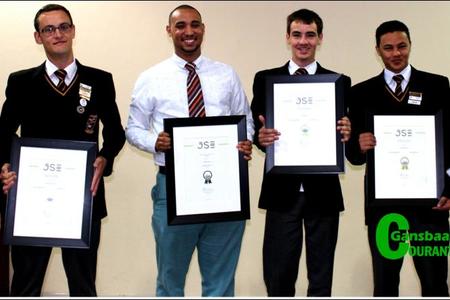 Gansbaai Academiaâ€™s Stock Exchange stars are from left: Jacques Prins, Heinrich van der Merwe, Mr Wilton Phillips, AndrÃ© Lourens, Llewellyn Davids and the principal, Mr Tommy Wilson.
