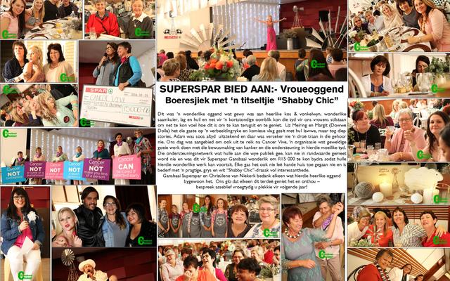 Dit was â€˜n wonderlike oggend wat gewy was aan heerlike kos & vonkelwyn, wonderlike saamkuier, lag en huil en net vir â€˜n kortstondige oomblik kon die tyd vir ons vrouens stilstaan om net te kon voel hoe dit is om te kan terugsit en te geniet.Â  Liz Meiring en Margit (Dowwe Dolla) het die gaste op â€˜n verbeeldingryke en komiese vlug gesit met hul lawwe, maar tog diep stories. Adam was soos altydÂ  uitstekend en daar was verseker nie â€˜n droÃ« traan in die gehoor nie. Ons dag was aangebied om ook uit te reik na Cancer Vive, â€˜n organisasie wat geweldige goeie werk doen met die bewusmaking van kanker en die ondersteuning in hierdie moeilike tyd.Â  Die ondersteuningsnetwerk wat hulle aan die wye publiek gee, kan nie in randwaarde gemeet word nie en was dit vir Superspar Gansbaai wonderlik om R15Â 000 te kon bydra sodat hulle hierdie wonderlike werk kan voortsit. Elke gas het ook nie leÃ« hande huis toe gegaan nie en is bederf met â€˜n pragtige, grys en wit â€œShabby Chicâ€-drasak vol interessanthede.