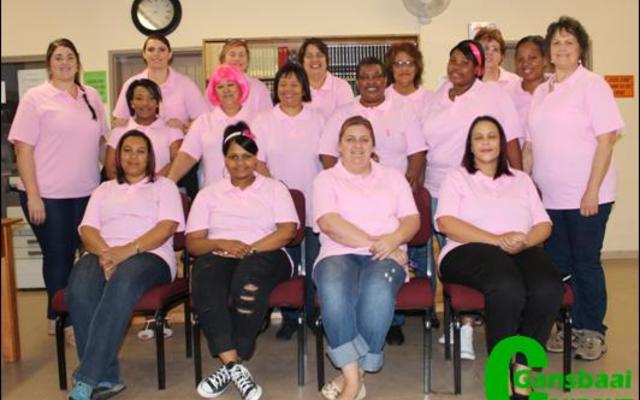 Die damespersoneel van Gansbaai Academia het â€˜n â€œPienk Dagâ€ vir kanker gerÃ«el, nadat die manspersoneel verlede week hul hare afgeskeer het.  Voor vlnr: Tanya Bastian, Carllinn Jansen, Leandri Roelofse en Carien Fortuin.  Middel vlnr: Erin Fourie, Mona Matthews, Charmaine Visser, Mavis John, Patricia Zalie en Anneri Harding-Male. Agter vlnr: Annika Rossouw, Rialet Groenewald, Hanet van Deventer, Marie Fourie, Julia Wilson, Annamarie Buys en Busiswa Nojozi.