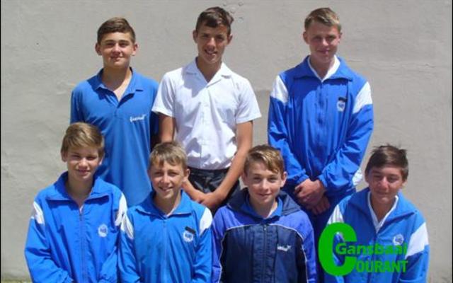 Voor vlnr Janu Slippers (o/14) eerste in 70m hekkies (nuwe rekord); AJ Bosch (o/12) derde in die 80m en eerste in die 70m hekkies; Adrian Hage (o/13) tweede in 70m hekkies; CornÃ© Coetzer (o/14) derde in 70m hekkies. Agter vlnr Veno van Vuuren (o/12) derde in 100m; Jurie-Johann Groenewald (o/13) eerste in  die 600m, derde in die 100m, eerste in 1200m, tweede in 80m, eerste in 70m hekkies; Dehan Botha (o/13) derde in 100m en tweede in  die 80m.