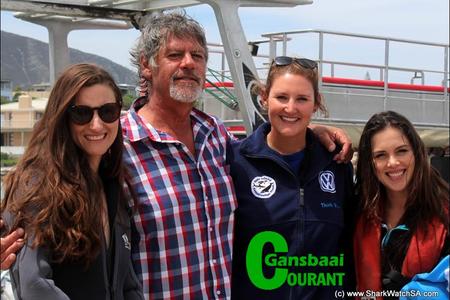 Marine Dynamics were joined by the crew of Pasella  (TV 2) with South African actress Christia Visser and her parents who enjoyed a shark cage dive and a visit to the African Penguin and Seabird Sanctuary. Left to right is Vicky Davis (Pasella Presenter), Abri Visser (Vickyâ€™s dad), Kelly Baker (Marine Biologist: Marine Dynamics) and Christia Visser (Local actress).