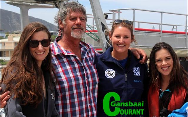 Marine Dynamics were joined by the crew of Pasella  (TV 2) with South African actress Christia Visser and her parents who enjoyed a shark cage dive and a visit to the African Penguin and Seabird Sanctuary. Left to right is Vicky Davis (Pasella Presenter), Abri Visser (Vickyâ€™s dad), Kelly Baker (Marine Biologist: Marine Dynamics) and Christia Visser (Local actress).