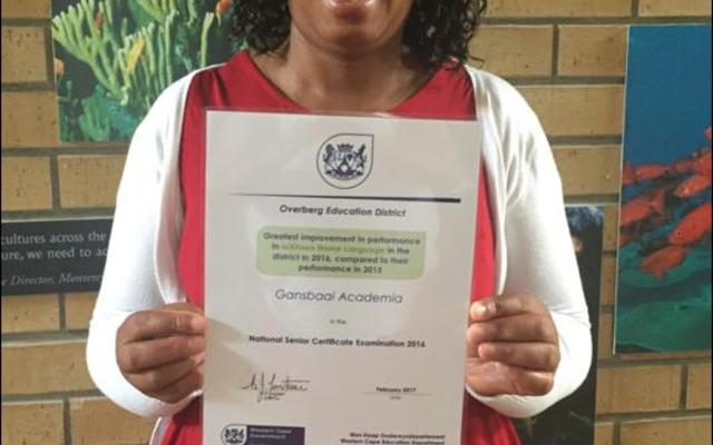 Olivia Nojozi, grade 12 educator in isiXhosa with the diploma: â€œGreatest improvement in performance in isiXhosa in the district in 2016, compared to their performance in 2015â€.   