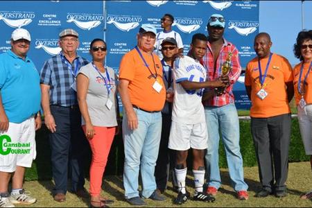 Celebrating the award for Best Soccer Player with Bongani Mngeni of Stanford Young Tigers (pictured centre) are (from left to right )Overstrandâ€™s Area Manager Gansbaai, Francois Myburgh (affectionately known as Kat); Municipal Manager, Coenie Groenewald; Portfolio Head of LED and Tourism, Cllr Elnora Gillion;  Deputy Mayor, Ald Dudley Coetzee; Portfolio Head of Protection Services Cllr Arnie Africa; Manager Stanford Young Tigers, Ace Mngeni; Portfolio Head of Community Services, Cllr Andrew Komani and Portfolio Head of Management Services, Cllr Riana de Coning.