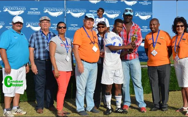 Celebrating the award for Best Soccer Player with Bongani Mngeni of Stanford Young Tigers (pictured centre) are (from left to right )Overstrandâ€™s Area Manager Gansbaai, Francois Myburgh (affectionately known as Kat); Municipal Manager, Coenie Groenewald; Portfolio Head of LED and Tourism, Cllr Elnora Gillion;  Deputy Mayor, Ald Dudley Coetzee; Portfolio Head of Protection Services Cllr Arnie Africa; Manager Stanford Young Tigers, Ace Mngeni; Portfolio Head of Community Services, Cllr Andrew Komani and Portfolio Head of Management Services, Cllr Riana de Coning.