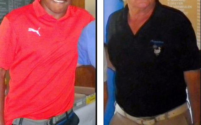 Melvin Tobias (links) was die Sanlam Kanker Gholf Uitdaagreeks se wenner in die B-Afdeling met 39 punte en langs hom is die wenner in die C-Afdeling, Elias Matthee met 39 punte.