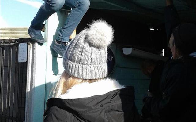 Edward Smit is hard besig om dakplate weer vas te kap nadat dit onder die stormwind deurgeloop het.