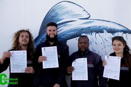 Marine Dynamics is proud to have four new skippers on the team. All four passed their Day Skipperâ€™s Category C vessel <9m rating for a distance of 15 nautical miles from shore.Â  The team includes the two co-coordinators from the International Marine Volunteer Programme. Photo - from left : Hennie Odendaal and Ettiene Roets; whale guide Kira Matiwane and Marine Biologist Sandra Hoerbst.Â 
