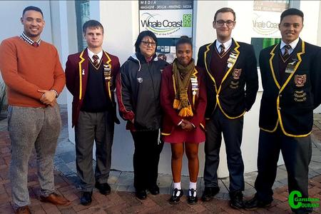 Gansbaai Academiaâ€™s Team G-Force find themselves among the top 6 schools participating in the National CharterQuest CFO Junior Competition. This photo was taken after their interview with WhaleCoast FM. From left Wilton Phillips (Mentor and Accounting teacher), Jacques Prins, Mona Matthews (English teacher), Khanya Xalisile, Heinrich van der Merwe and Llewellyn Davids.    