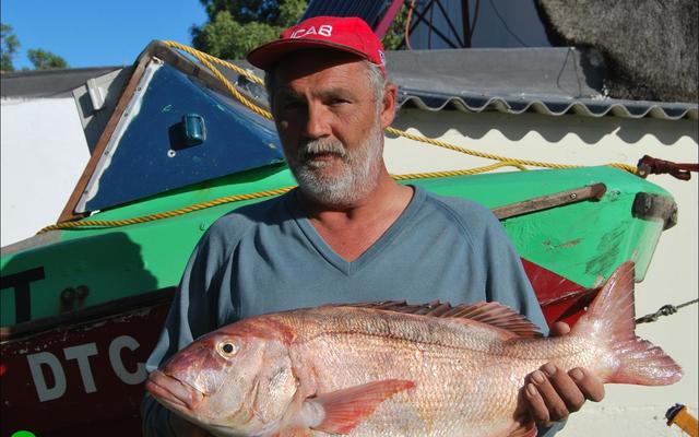 Nico van Eeden van Gansbaai het goeie rede om breÃ« bors rond te stap. Dit is nie aldag wat â€˜n enorme rooi steenbras van 5.8kg boot toe getrek word nie. Nico het dit vanaf sy boot, C-Rot op Dinsdag, 11 Julie, sowat 3 seemyl vanaf die punt, met sardyn as aas reggekry.