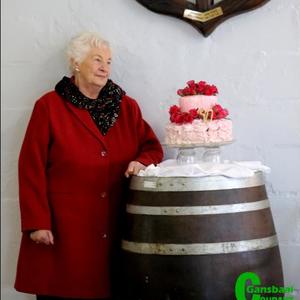 Lida van Staden hier by haar heerlike verjaardagkoek wat deur Henry Coston van Hot Coffee voorsien is.  Die kleingoed kon nie wag dat die koek gesny word nie.