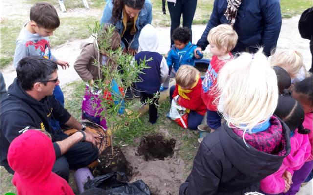 Nuuskierige Cool Kidz kleuters bekyk die plant van â€˜n boom op hul terrein, wat â€˜n inisiatief van Doulene Els (Gansbaai Toerisme) was.