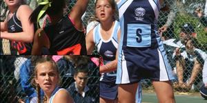 Monique Hugo van die Gansies se o/13A netbalspan is links in besit van die bal en regs maak sy seker die bal gaan nie weer afgevat word nie.