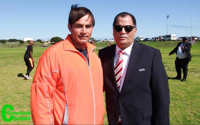 Jaques van Lill (left), one of Solyx United FC soccer team managers, was proud to be pictured with Dr Danny Jordaan, SAFA President. 