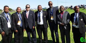 The team of VIPâ€™s at the SAFA Overberg Regional Nedbank Cup Qualifying Tournament. From left Xolisile Nqoza (LFA), Andrew Komani (Overstrand councillor), Dr Danny Jordaan (SAFA President), Tankiso Modipa (Overstrand president), Achie Klass (Overstrand Deputy Mayor), Xolani Msweli (Overstrand councillor) and Peter Stuurman (Hermanus LFA).