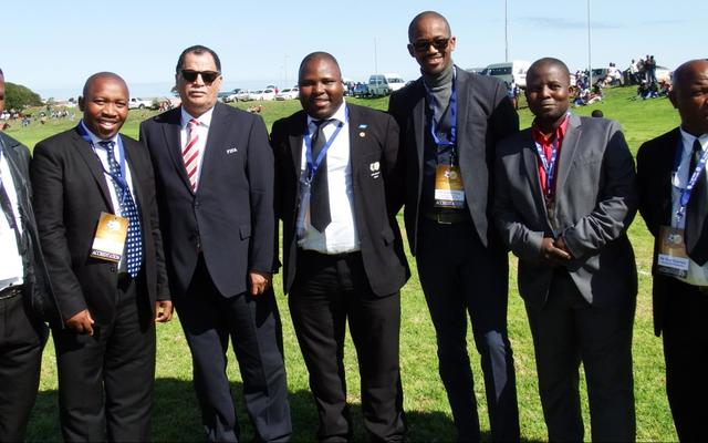 The team of VIPâ€™s at the SAFA Overberg Regional Nedbank Cup Qualifying Tournament. From left Xolisile Nqoza (LFA), Andrew Komani (Overstrand councillor), Dr Danny Jordaan (SAFA President), Tankiso Modipa (Overstrand president), Achie Klass (Overstrand Deputy Mayor), Xolani Msweli (Overstrand councillor) and Peter Stuurman (Hermanus LFA).