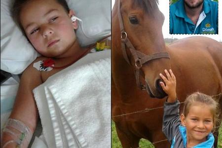 Carli Swart (7), Woensdag afgeneem in haar hospitaalbed. Regs bo is Jom Nel, die man wat haar lewe gered het. Onder regs glimlag â€˜n gelukkige Carli by een van die perde vir wie sy so lief is.