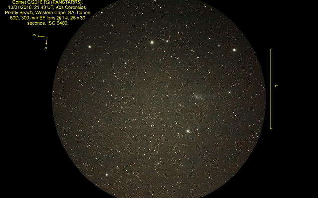 Comet C/2016 R2 (PANSTARRS), 13/01/2018, 21:43 UT, image is annotated