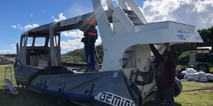 Grit blasting of whale whisperer for Marine Dynamics Kleinbaai