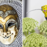 Mask an beads bird in fresh flowers