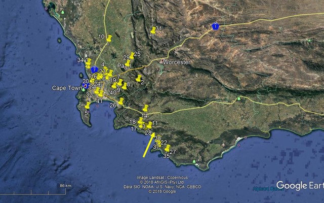 Fig 2.Locations of observers in Cape Peninsula and southern Cape coast, with possible path of the bolide indicated as a yellow arrow. 
