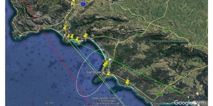Fig 3.Locations of observers in vicinity of the path. Azimuth directions derived from images of the smoke train are shown as follows: Red line is the azimuth of intersection with ground level from Jacqueline Keulemans at Gordons Bay, yellow line is the azimuth of intersection with ground from Janeke Maroudas at Vermont, blue and green lines are azimuths of the two bright bursts from Riaan Potgieter at Onrus. The white ellipse indicates the rough area in which the meteor probably disintegrated. 