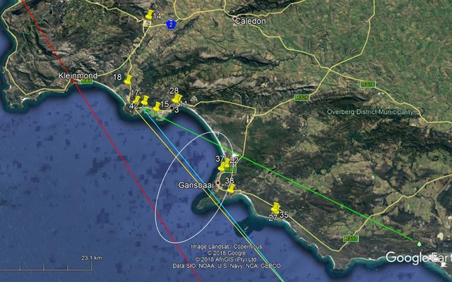 Fig 3.Locations of observers in vicinity of the path. Azimuth directions derived from images of the smoke train are shown as follows: Red line is the azimuth of intersection with ground level from Jacqueline Keulemans at Gordons Bay, yellow line is the azimuth of intersection with ground from Janeke Maroudas at Vermont, blue and green lines are azimuths of the two bright bursts from Riaan Potgieter at Onrus. The white ellipse indicates the rough area in which the meteor probably disintegrated. 