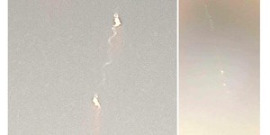 Fig 5.Images of persistent train from Site 42 (left by Riaan Potgieter) and 22 (right by Analise Kleyn). Notes the changed direction of the path as seen by the two observers from different locations. The two bright areas are the clouds left behind by the two explosions along the path. Note also the cork-screw appearance in Riaanâ€™s image at left. Both images have been processed to enhance details. 