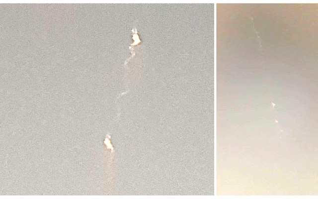 Fig 5.Images of persistent train from Site 42 (left by Riaan Potgieter) and 22 (right by Analise Kleyn). Notes the changed direction of the path as seen by the two observers from different locations. The two bright areas are the clouds left behind by the two explosions along the path. Note also the cork-screw appearance in Riaanâ€™s image at left. Both images have been processed to enhance details. 