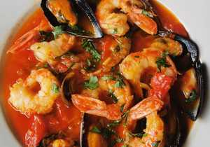 Prawns and Mussels Served with Charred Ciabatta