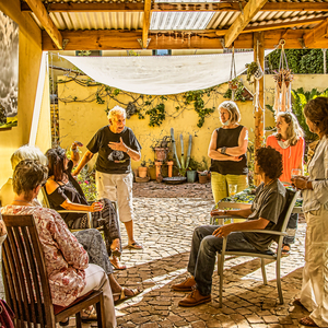 Goldsmith Christine Farrington (UK) introducing Yvonne's jewellery to a selected audience in the courtyard of Studio98