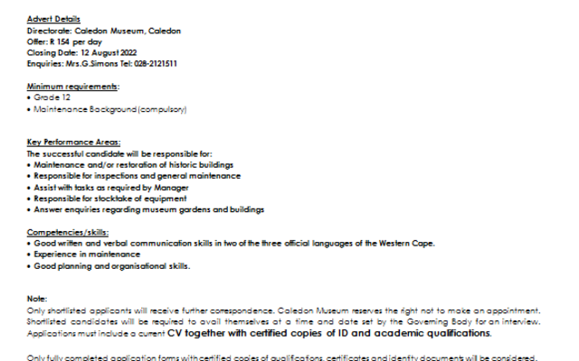 Job Listing - Caledon Museum - Xplorioâ„¢  Caledon