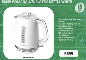 New: EIGER Romana 1.7L Plastic Kettle White