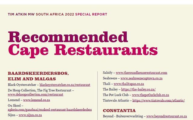 Recommended restaurant in Baardskeerdersbos by Tim Atkin